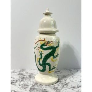 VINTAGE Ming Dragon Lidded Ceramic Vase Apothecary Pot Asian White and Green